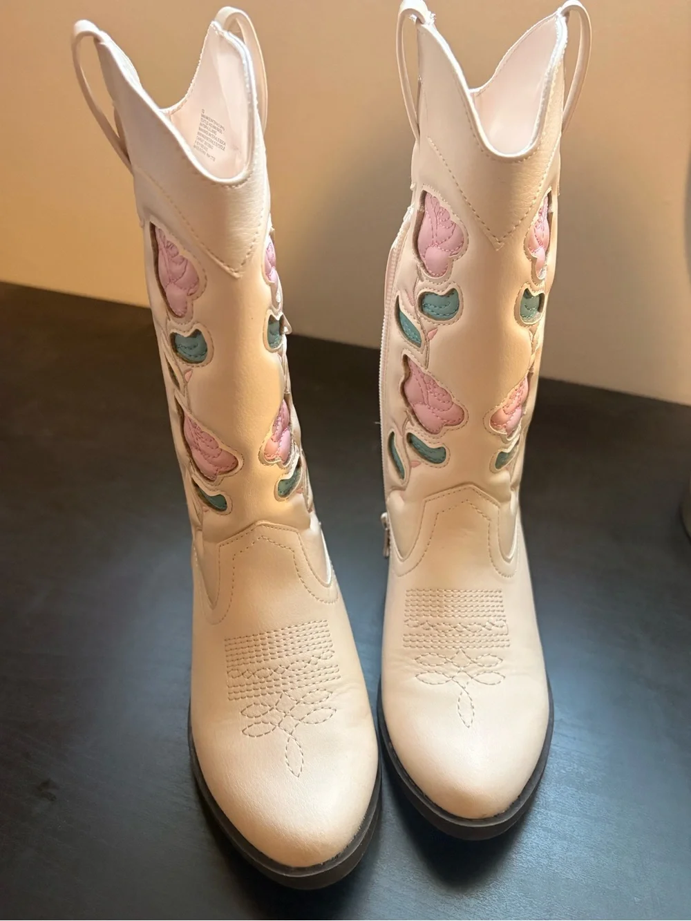 art class White Kids Cowboy Boots with Pink & Teal Floral Appliqué